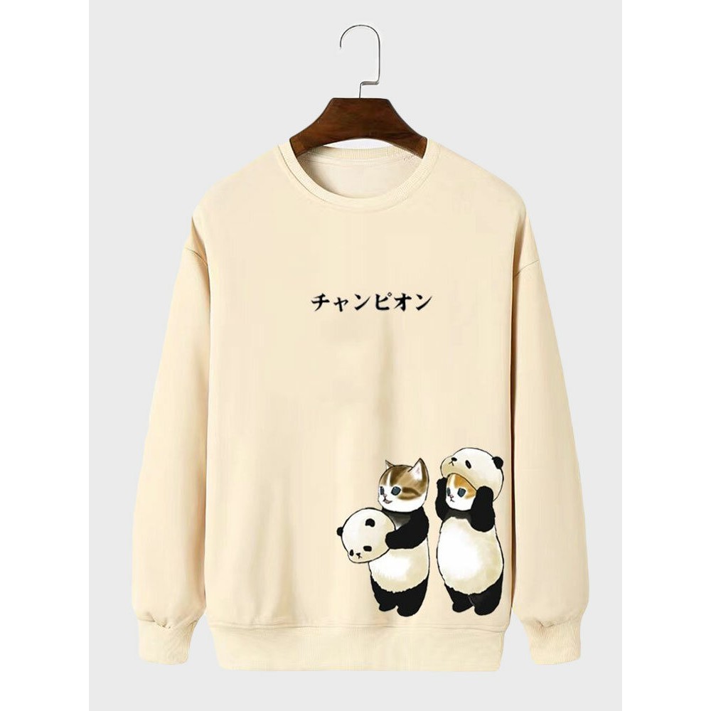 Mens Japanese Cartoon Panda Cat Print Crew Neck Pullover Sweatshirts Mens Japanese Cartoon Panda Cat Print Crew Neck Pullover Sweatshirts